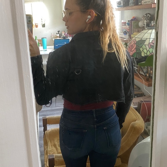LF The Brand Crop Raw Hem Black Denim Jacket Punk size X-Small - Picture 6 of 11